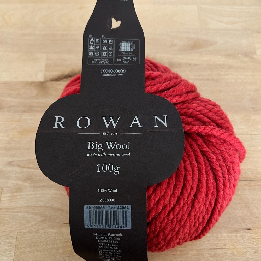Rowan Big Wool Color is lipstick. 100% Merino Wool. Super bulky.